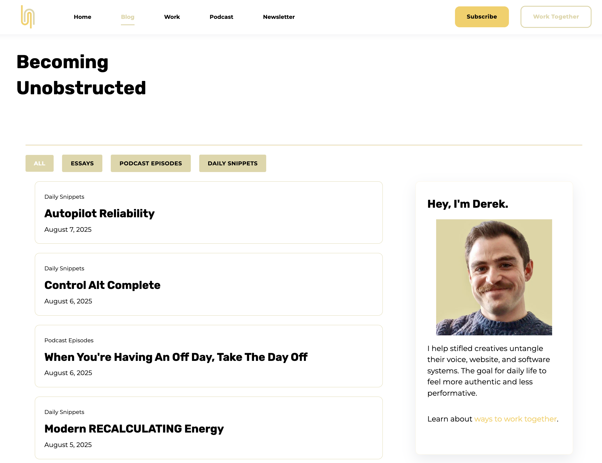 Becoming Unobstructed blog homepage screenshot